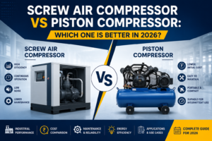 Screw Air Compressor vs Piston Compressor infographic comparing performance, efficiency, maintenance, lifespan, and industrial applications.