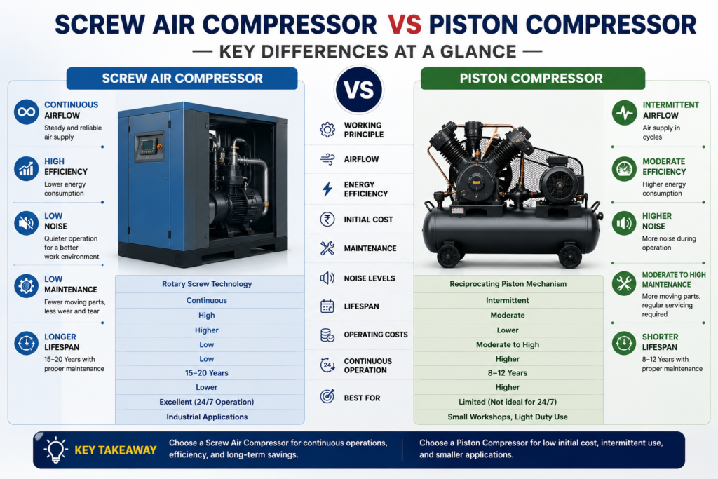 Infographic comparing screw air compressors and piston compressors based on energy efficiency, maintenance, operating costs, lifespan, and industrial applications.