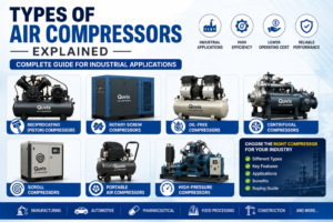 An infographic showing different types of air compressors including reciprocating, rotary screw, oil-free, centrifugal, scroll, portable, and high-pressure compressors for industrial applications.