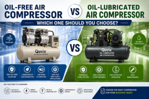 Oil-Free Air Compressor vs Oil-Lubricated Air Compressor comparison infographic showing differences in air quality, energy efficiency, maintenance, operating costs, and industrial applications.