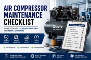Air Compressor Maintenance Checklist infographic showing essential maintenance tasks to improve efficiency, reduce downtime, and extend compressor lifespan.