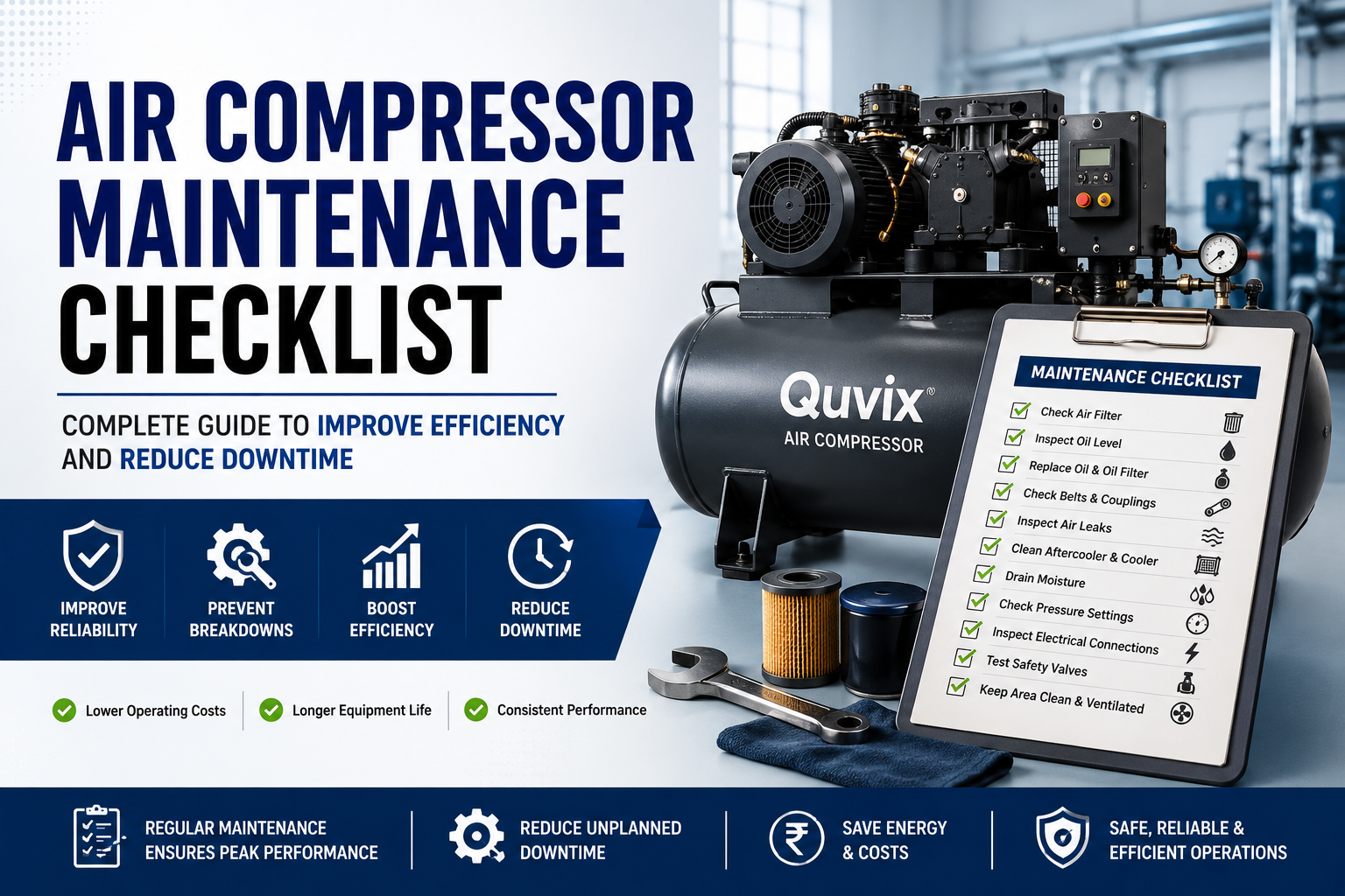 Air Compressor Maintenance Checklist infographic showing essential maintenance tasks to improve efficiency, reduce downtime, and extend compressor lifespan.