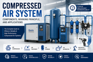 Compressed Air System infographic showing air compressor, air dryer, air receiver tank, filters, piping, and pneumatic applications in an industrial compressed air system.
